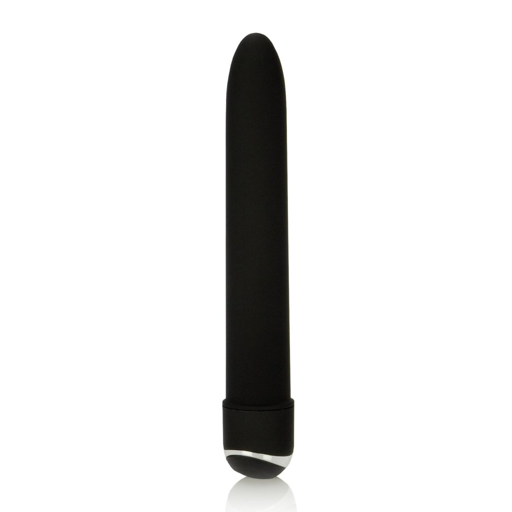 Ein schlanker, mattschwarzer Vibrator mit abgerundeter Spitze und einem silbernen Akzent am unteren Ende vor weißem Hintergrund.