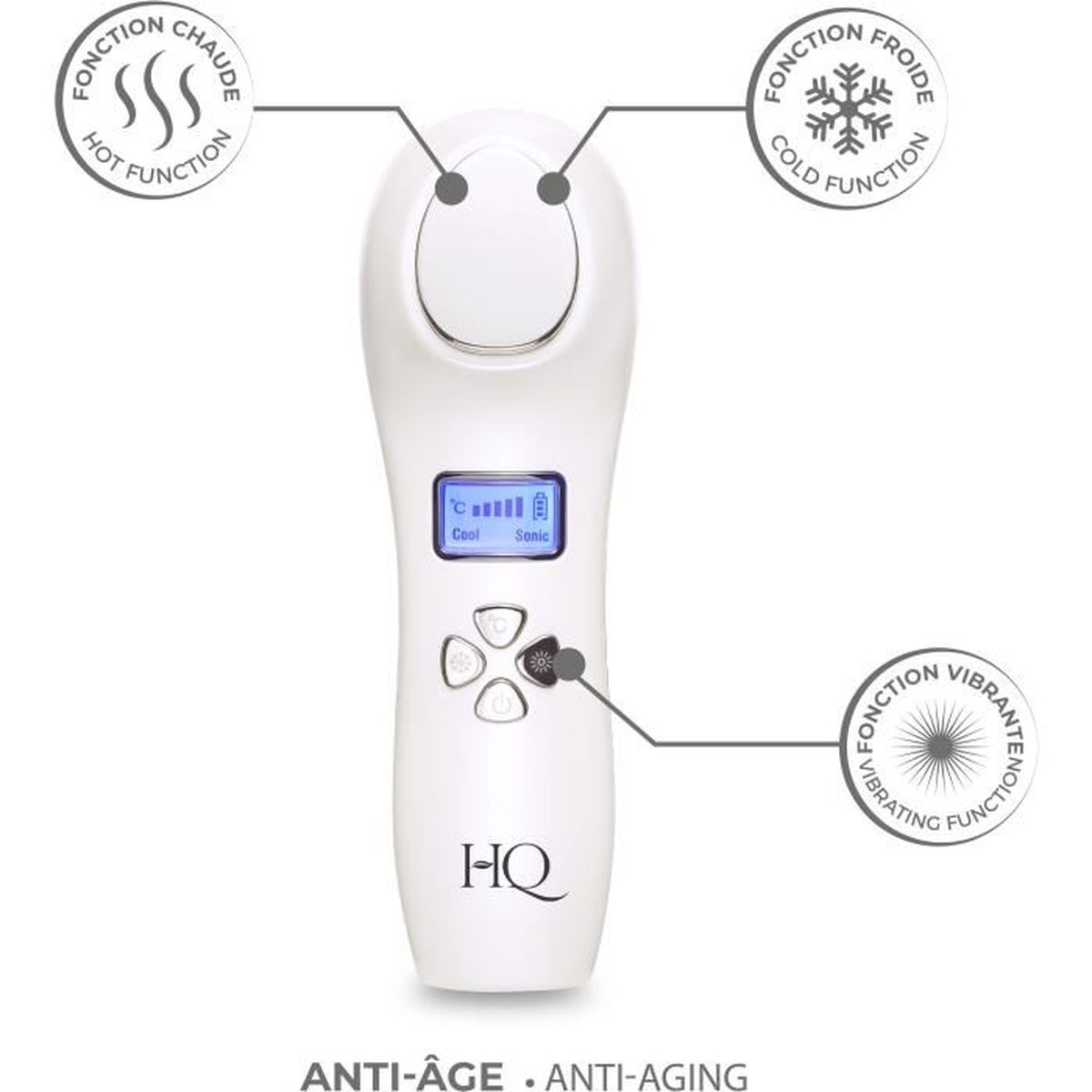 Weisses Anti-Aging-Geraet mit LCD-Bildschirm und kundenbezogenen Funktionen wie Hitze, Kaelte und Vibration.