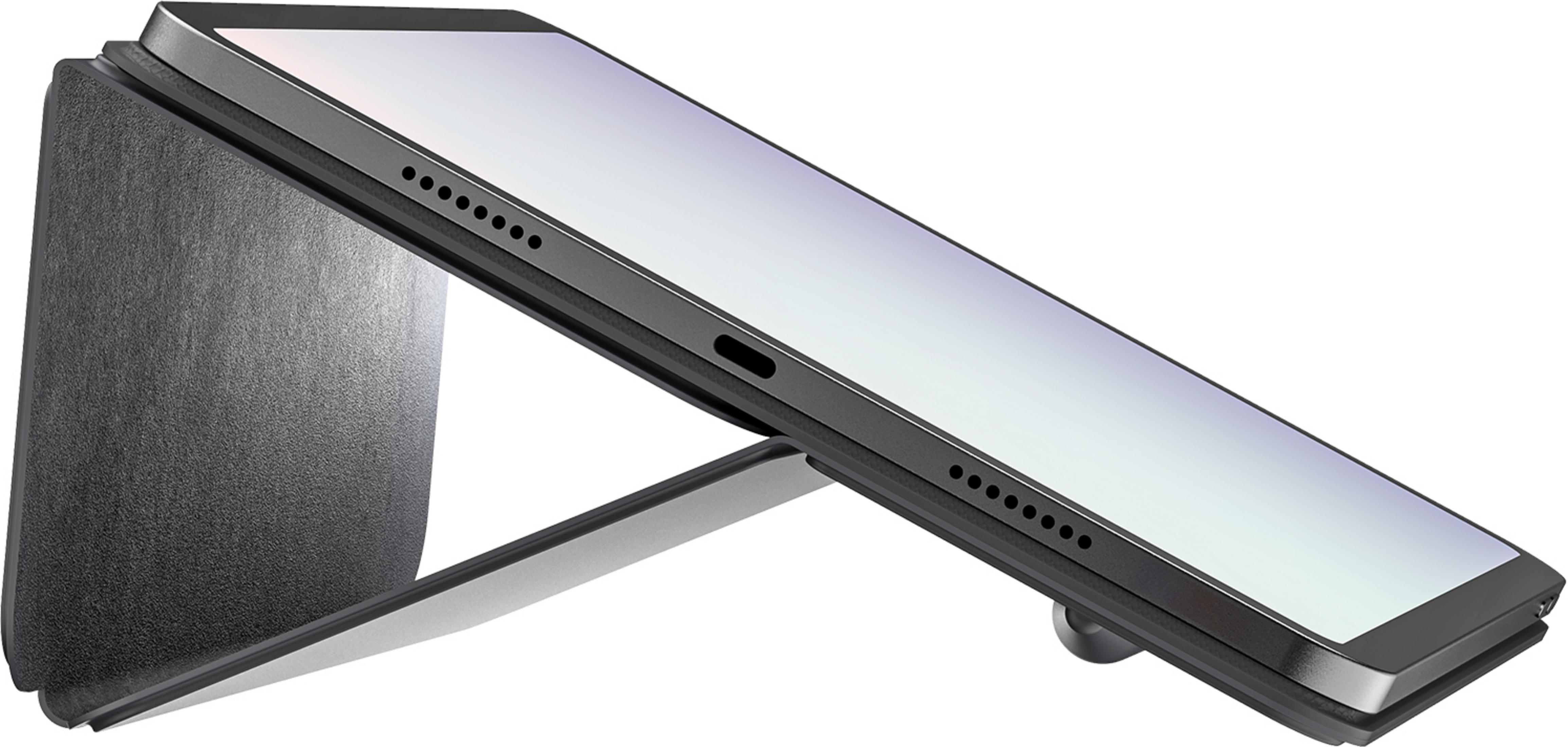 Ein Tablet in einer dunklen Schutzhülle, schräg aufgestellt vor weißem Hintergrund.