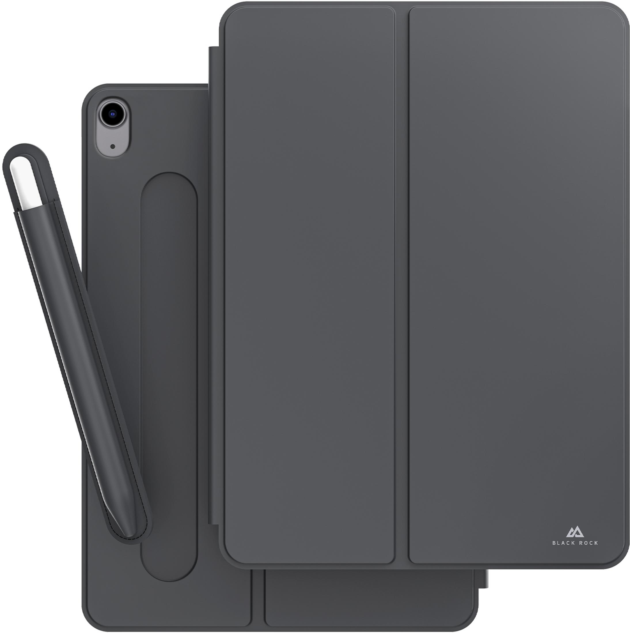 Dunkelgraue Tablet-Hülle mit integriertem Stifthalter und einem Apple Pencil, der darin steckt.