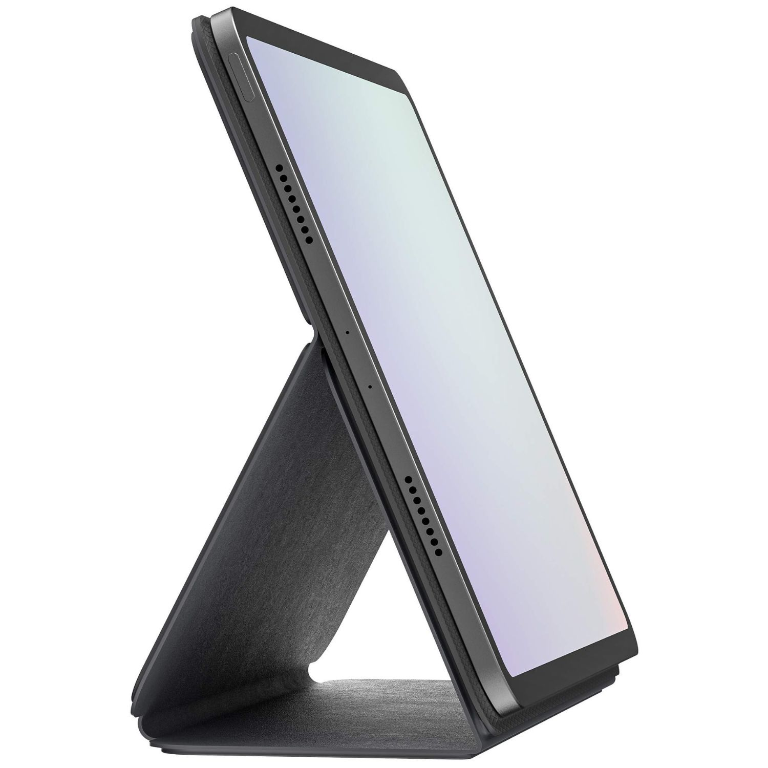 Ein graues Tablet in einem dunklen Ständer, von der Seite auf weißem Hintergrund.