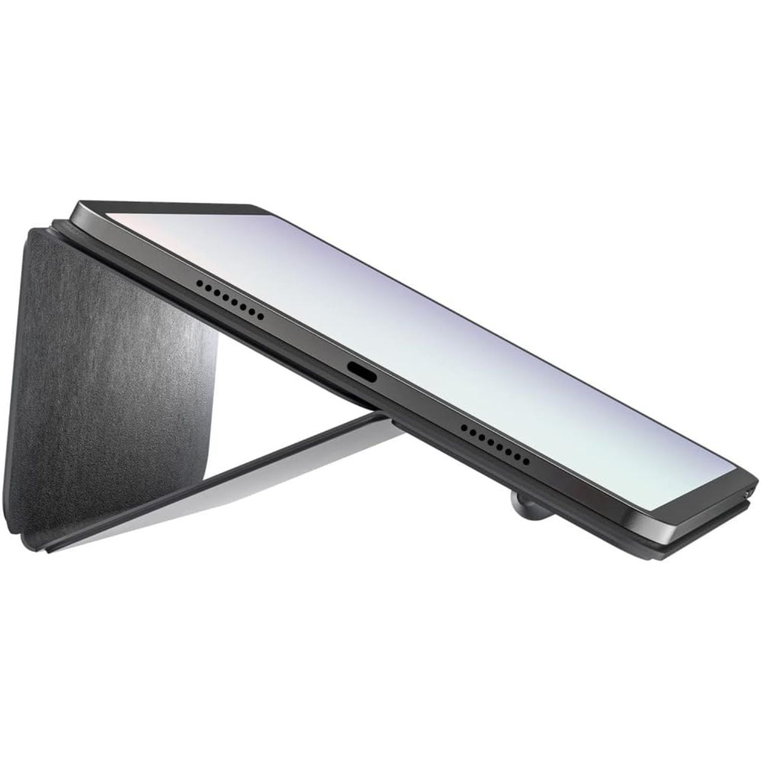 Ein Tablet in einer Schutzhülle steht leicht angewinkelt auf einer weißen Oberfläche.