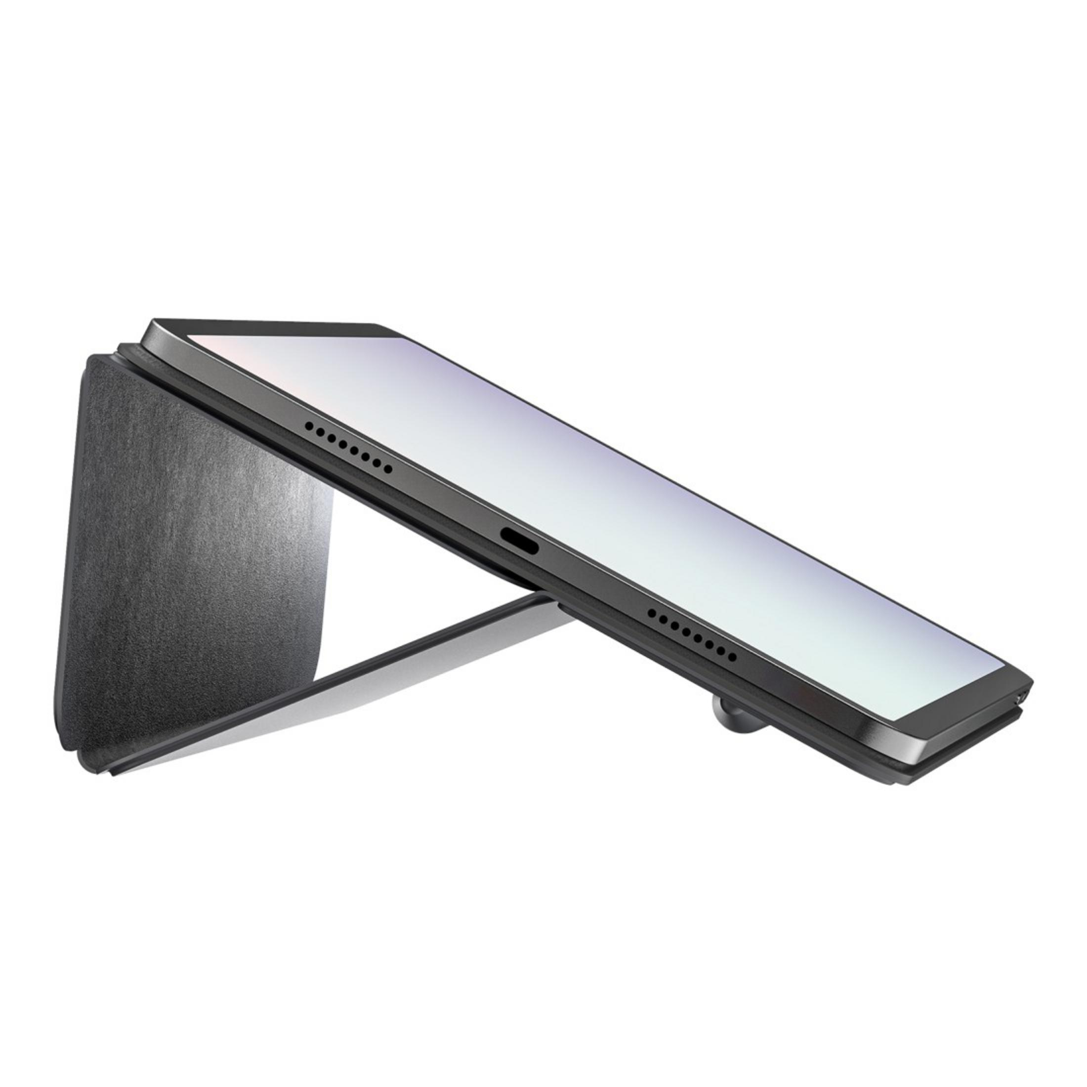 Ein schwarzes Tablet ist in einer grauen Schutzhülle aufgestellt.