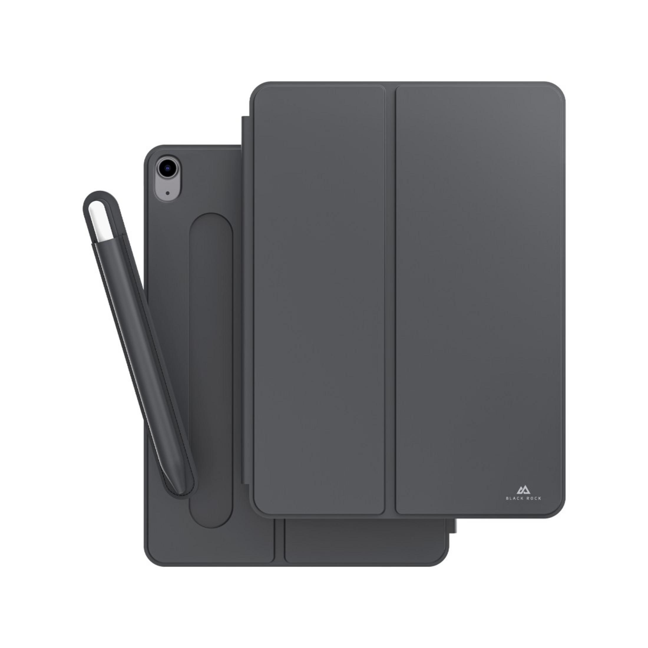 Dunkelgraue Tablet-Hülle mit Faltcover und Stifthalter mit Stylus auf weißem Hintergrund.