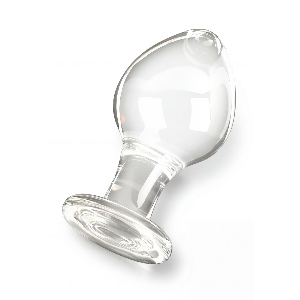 Transparenter Glas-Analklotz auf weißem Hintergrund mit Basis.
