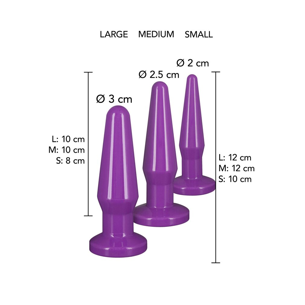 Drei lila Plug-Produkte in den Größen Klein, Mittel und Groß mit Maßen für Durchmesser und Länge.