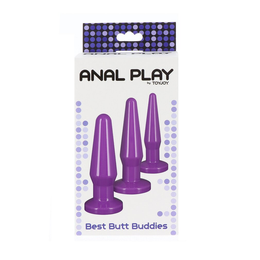 Verpackung von Anal Play mit drei lila Buttplugs in verschiedenen Größen vor weißem Hintergrund.