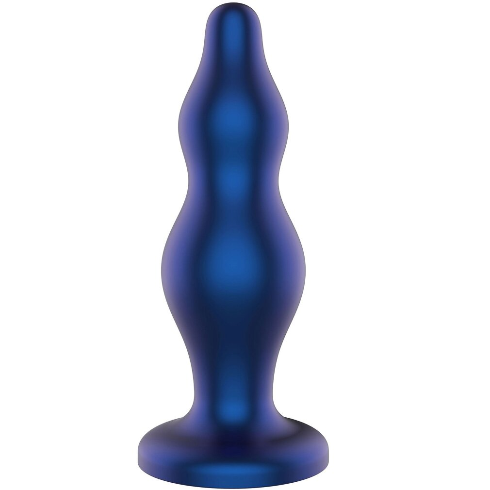Glatter blauer metallischer Analdildo mit geweitetem Fuß und konischem Schaft.