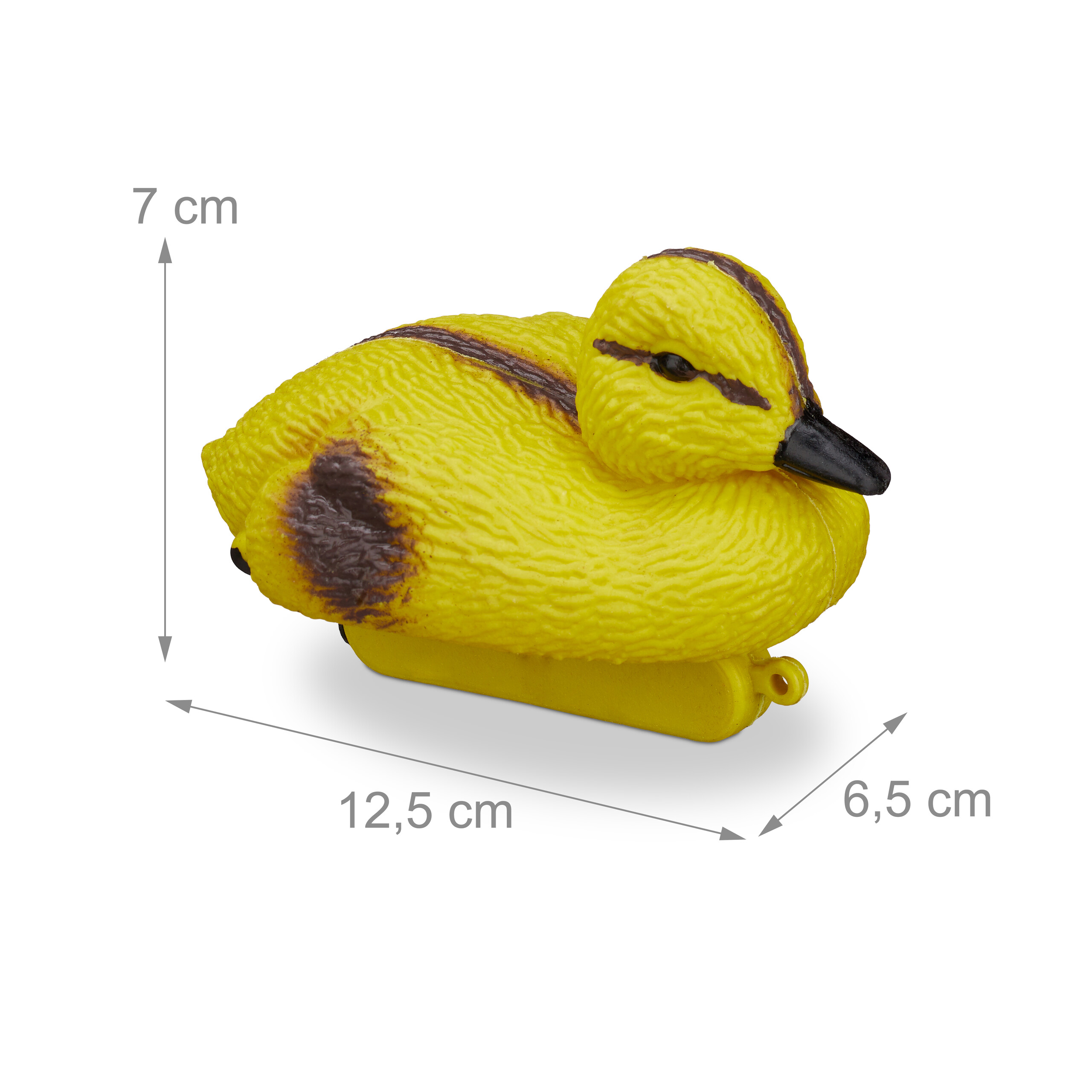 Eine gelbe Lockente mit braunen Markierungen und Maßen: 7 cm hoch, 12,5 cm lang und 6,5 cm breit.