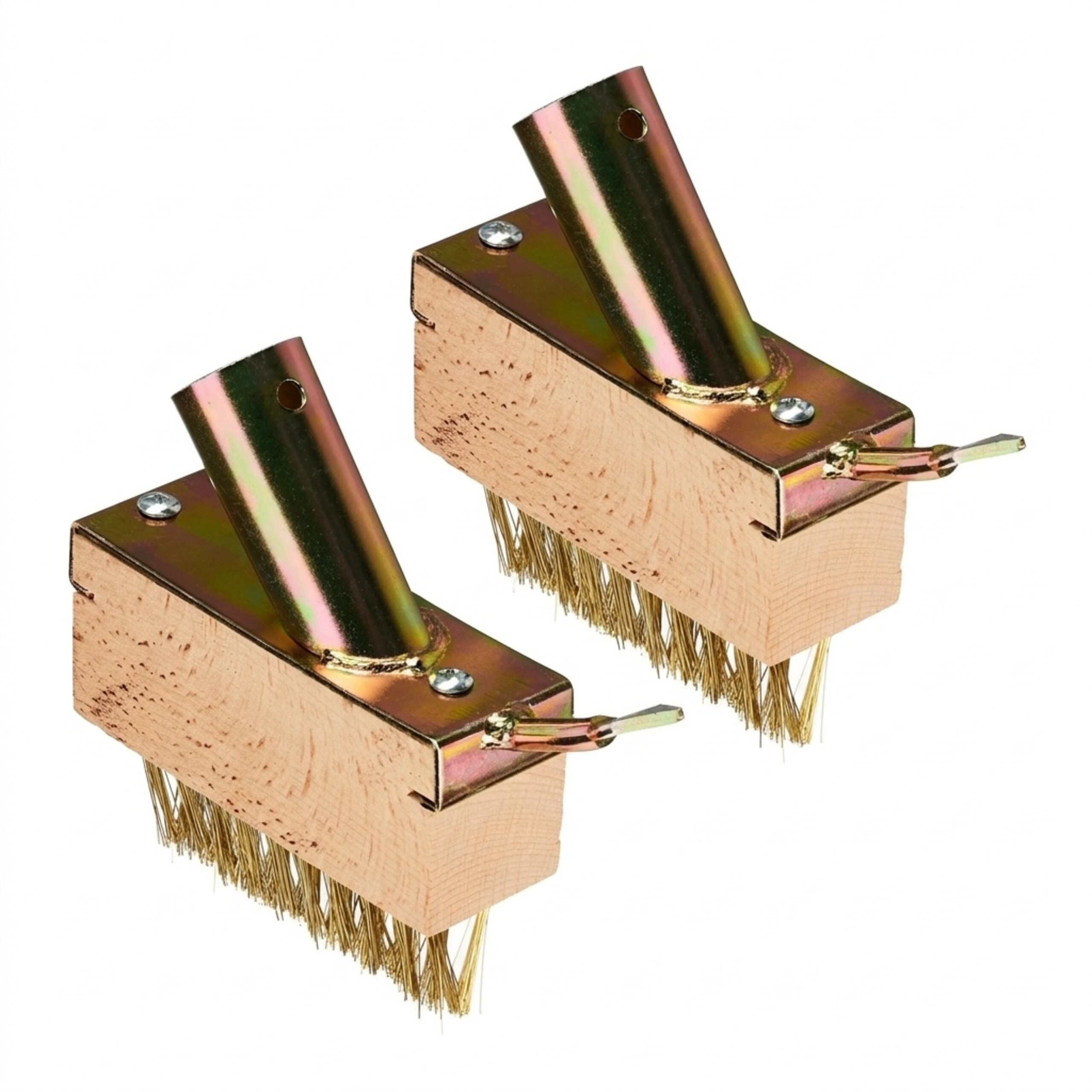 Zwei Holzfegerbürsten mit Messingborsten und Metallgriffhalterungen.