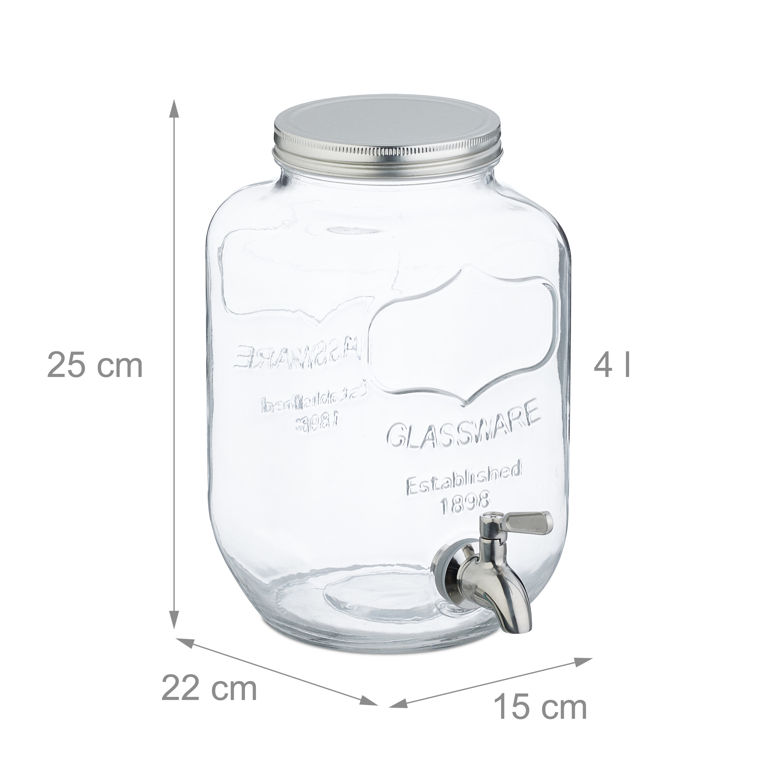 Ein 4-Liter-Glas-Getränkespender mit Metalldeckel und Hahn, mit Höhen-, Breiten- und Tiefenmaßen.