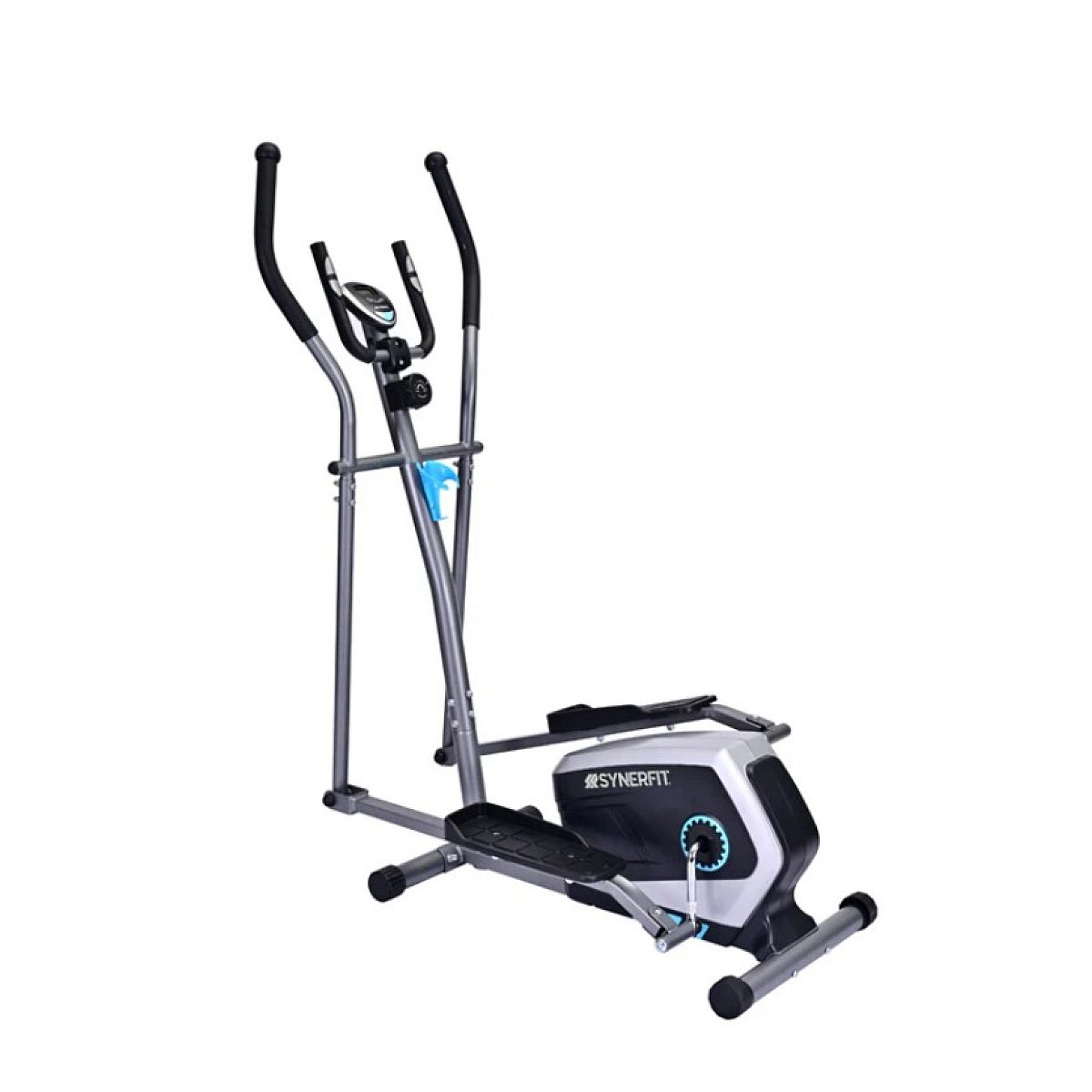 Ein grauer und schwarzer Synerfit-Crosstrainer mit beweglichen Griffen, Fußpedalen und Digitalmonitor.