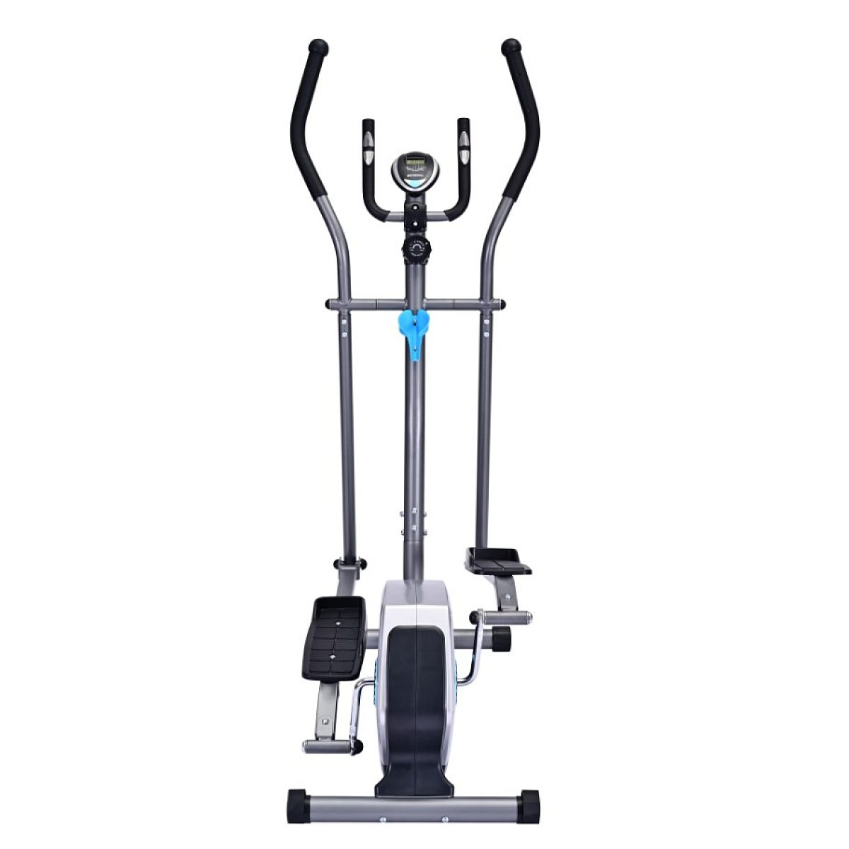 Ein grauer Crosstrainer mit schwarzen Griffen und Pedalen steht auf weißem Hintergrund.