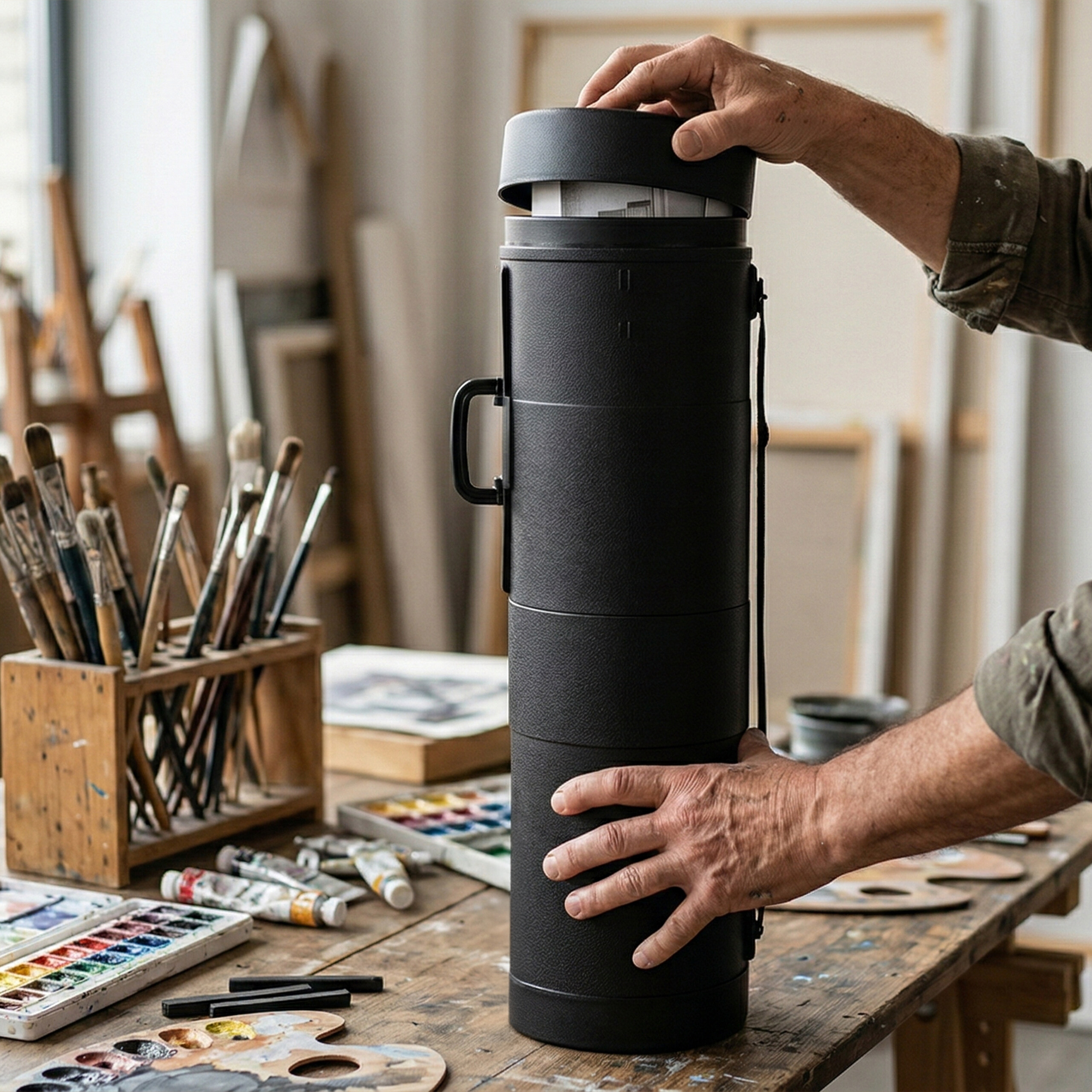 Ein Künstler öffnet eine schwarze Kunststoffsammelmappe in einem Studio voller Pinsel und Farben.