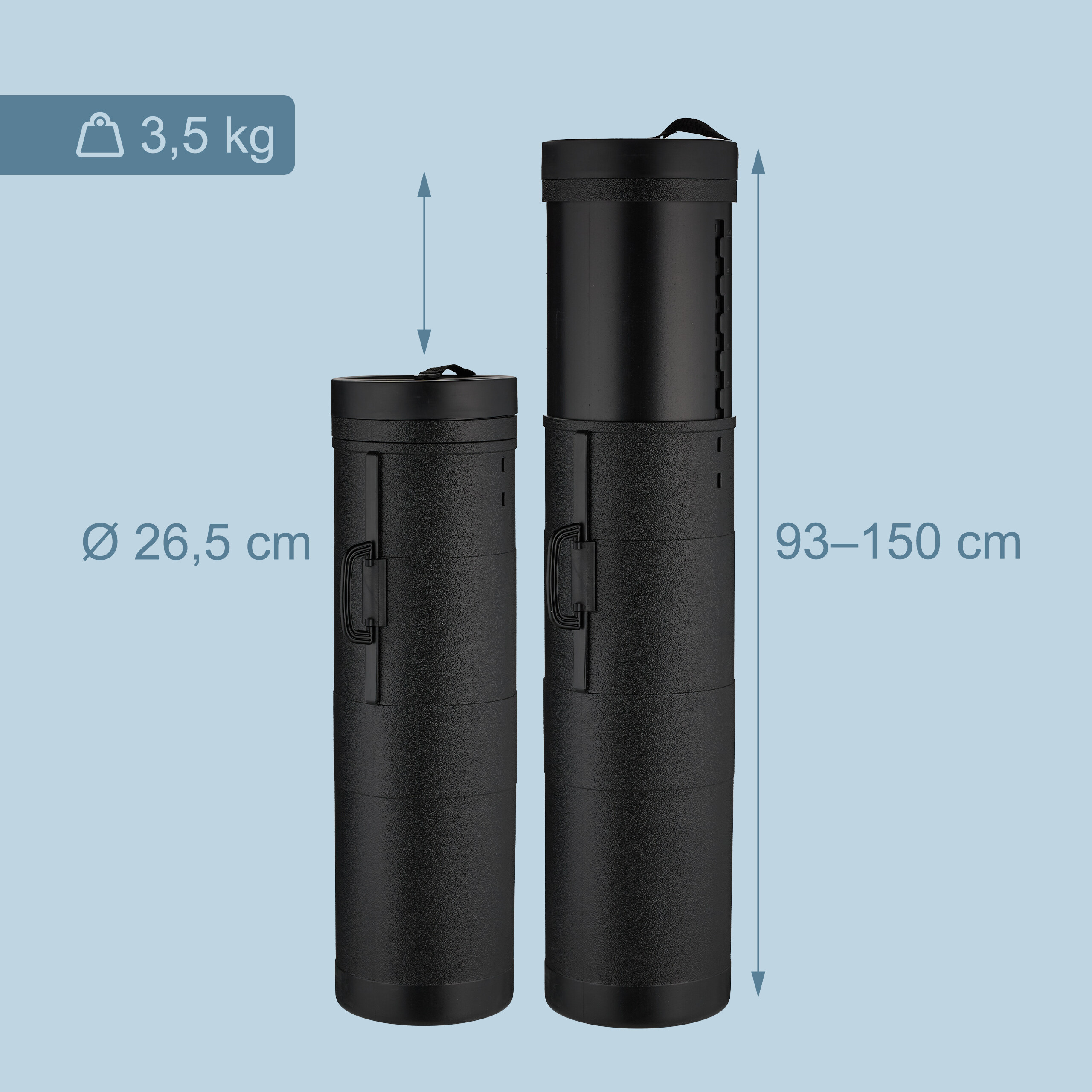 Zwei schwarze Transportröhren mit 3,5 kg Gewicht, 26,5 cm Durchmesser und 93-150 cm Höhe auf blauem Hintergrund.