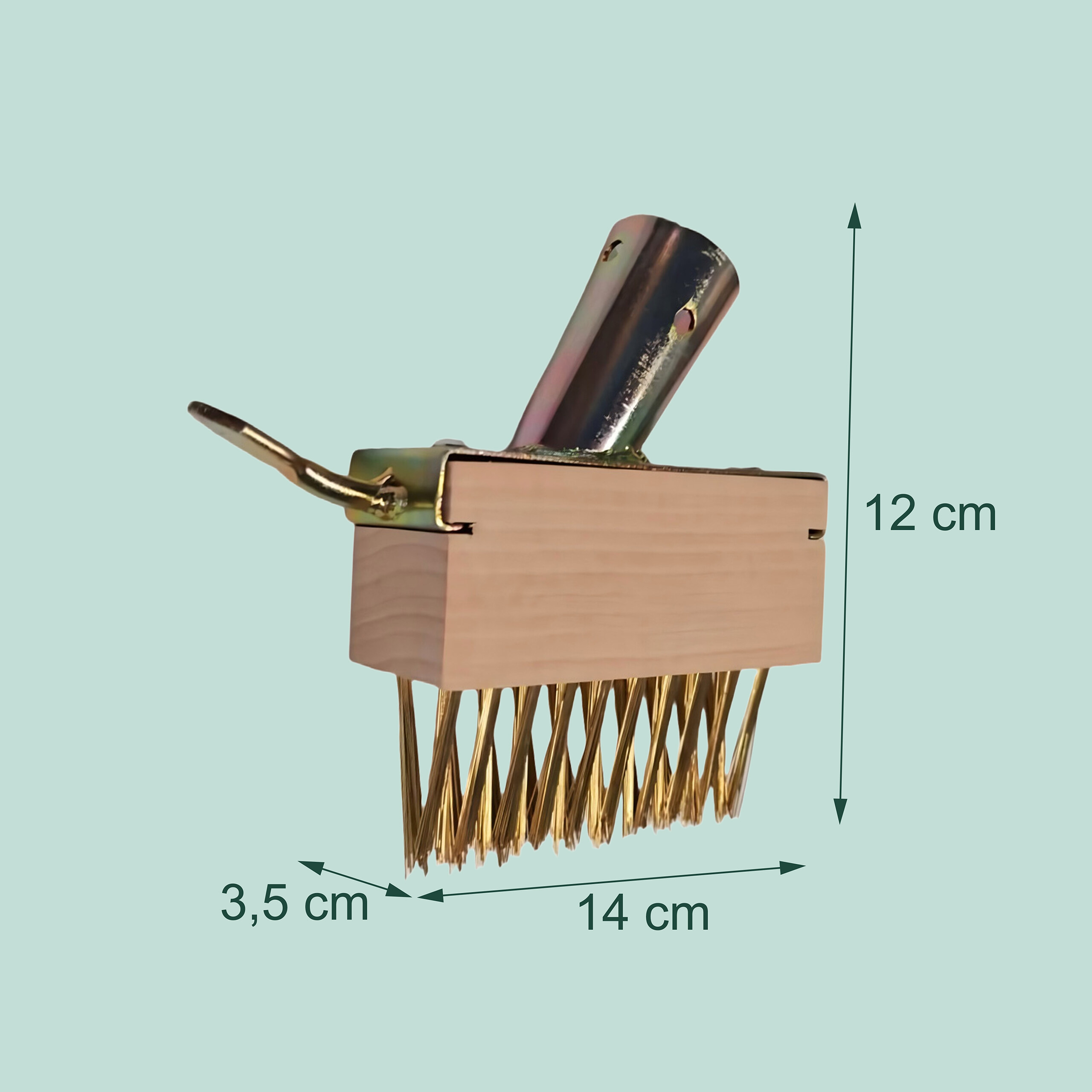 Holzreinigungsbürste mit Metallborsten, Griffhalterung und Maßen von 14 x 3,5 x 12 cm.