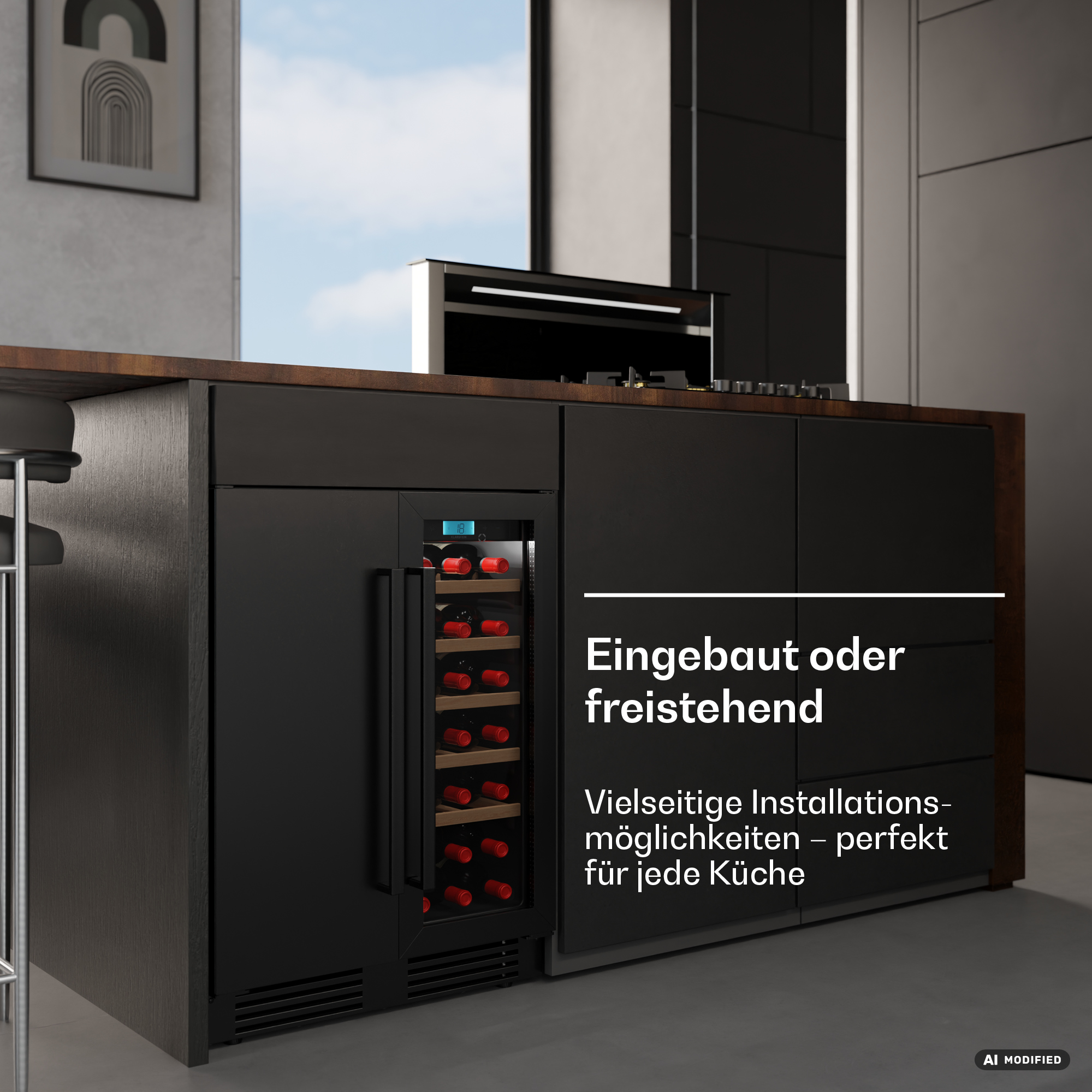 Moderne schwarze Kücheninsel mit integriertem Weinkühlschrank und Holzarbeitsplatte in einem hellen Raum.