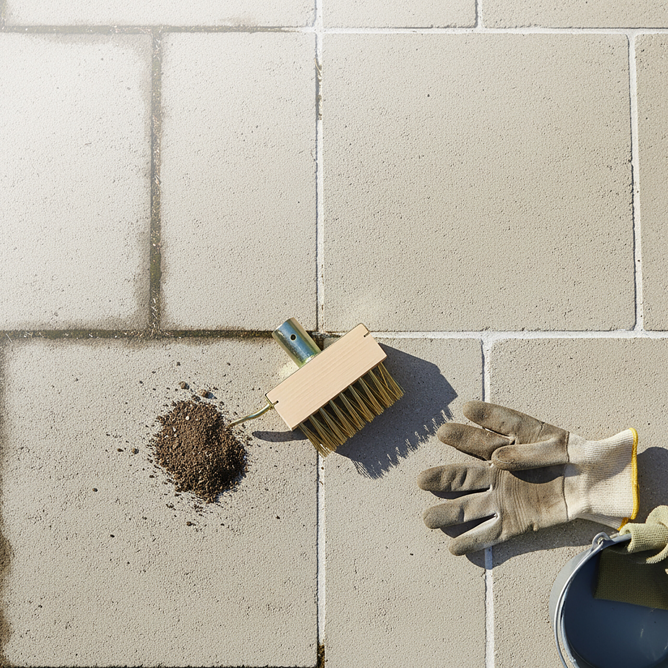 Eine kleine Bürste, Schmutz, ein Arbeitshandschuh und ein Eimer auf grauen Bodenplatten.