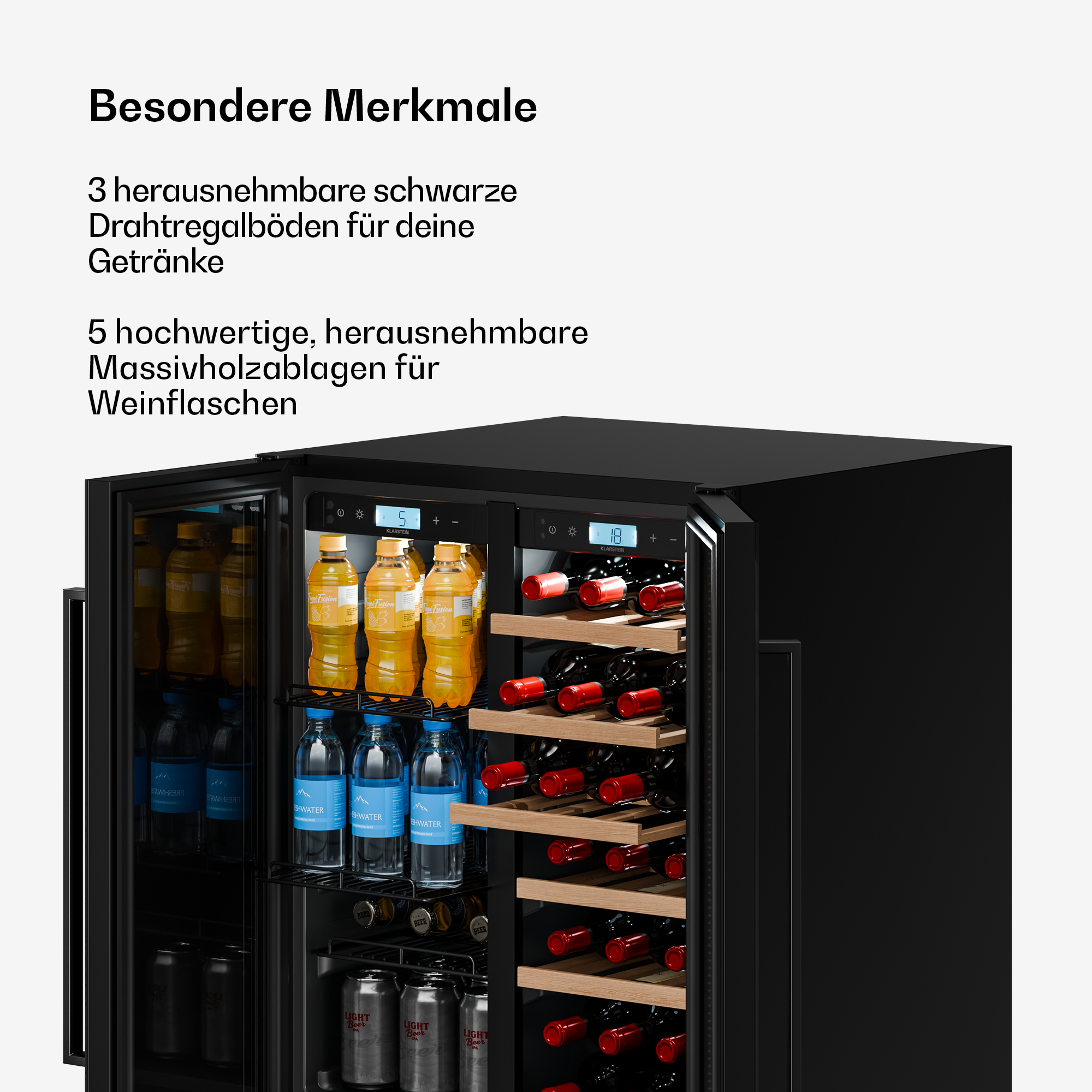 Schwarzer Weinkühlschrank mit geöffneten Türen, Holzeinlagen und beleuchteten Flaschen.
