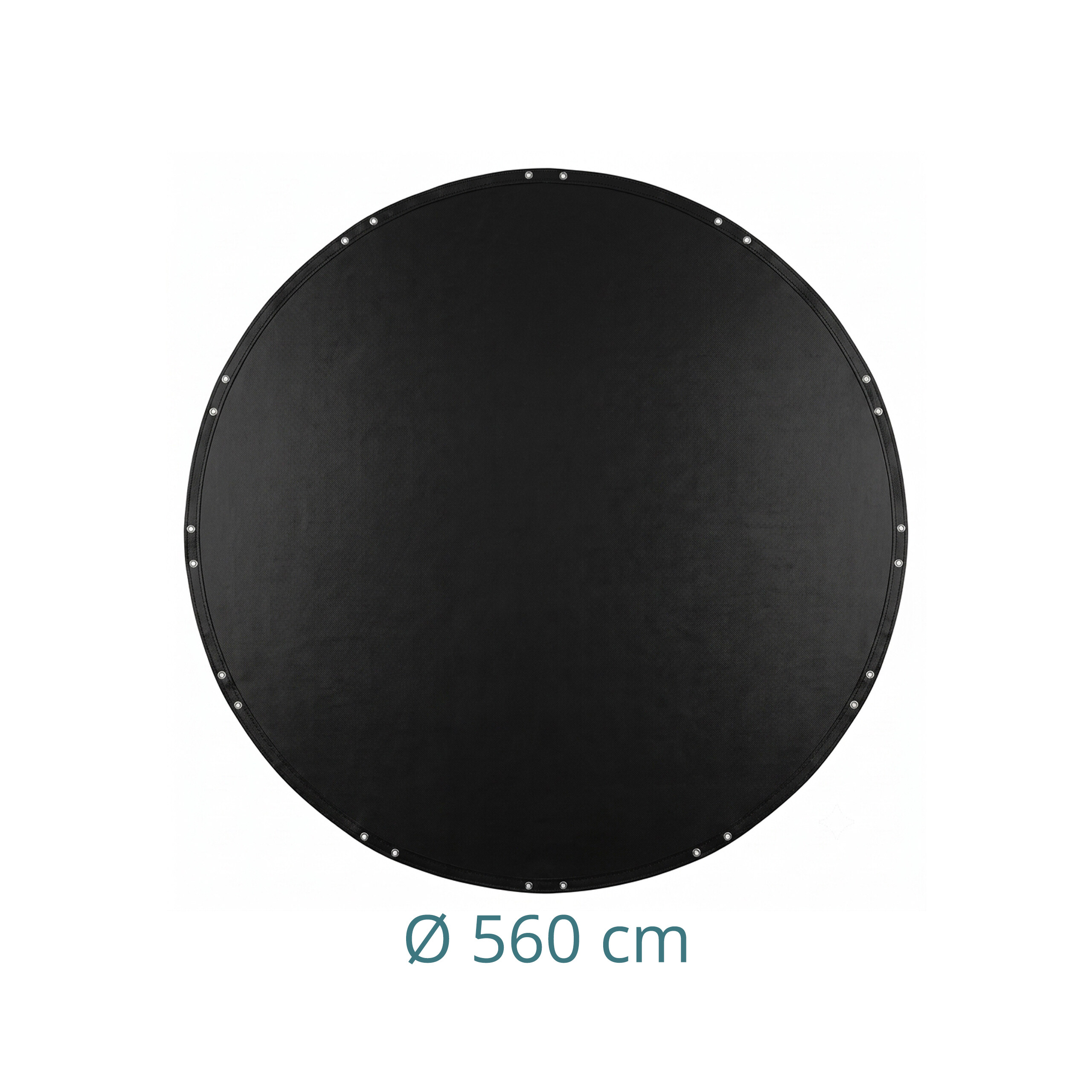 Ein großes, rundes schwarzes Trampolin-Sicherheitsnetz mit einem Durchmesser von 560 cm, isoliert auf weißem Hintergrund.