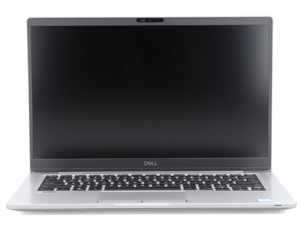 Otwarty srebrny laptop Dell z czarnym ekranem i klawiaturą na białym tle.