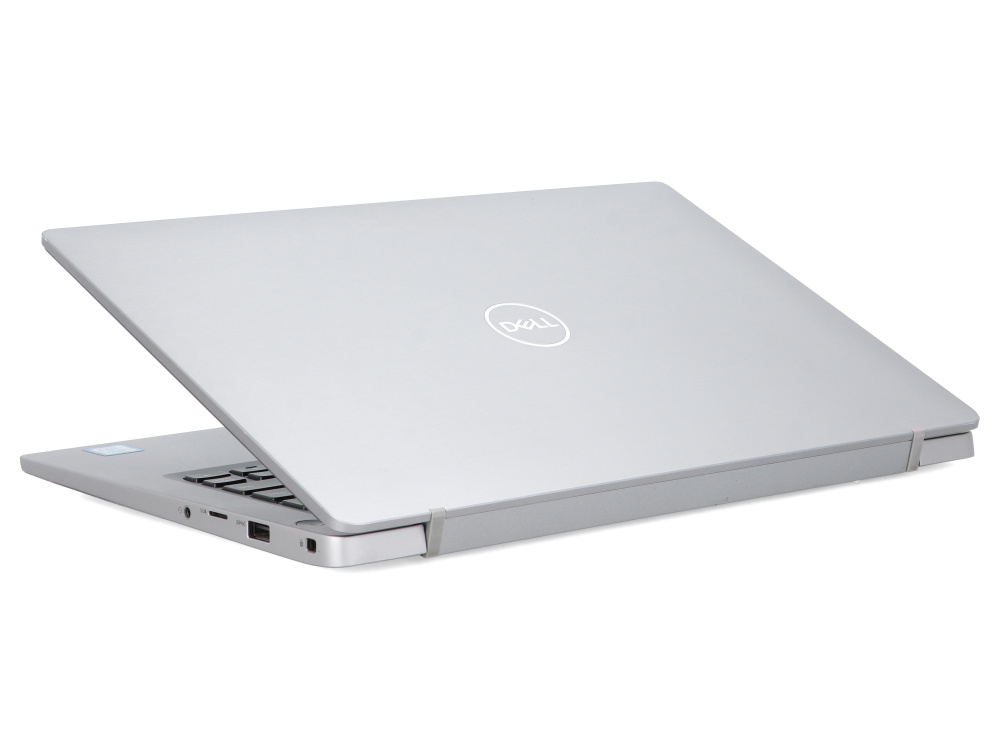Srebrny laptop Dell na białym tle, częściowo otwarty z widocznym logo.