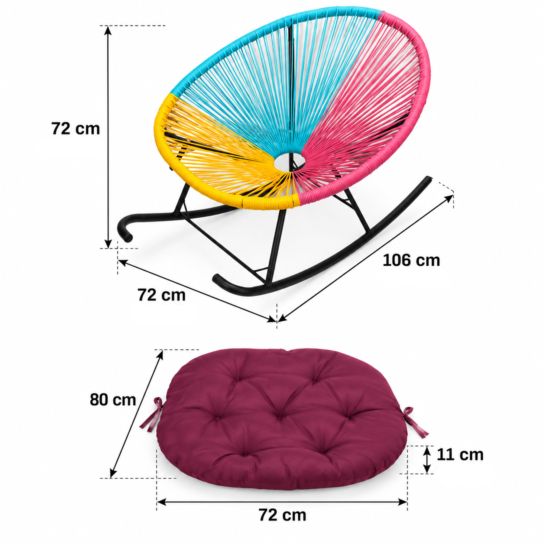 Kolorowy tkany fotel bujany z poduszką, wymiary: 72x106x72 cm, poduszka 80x72x11 cm.