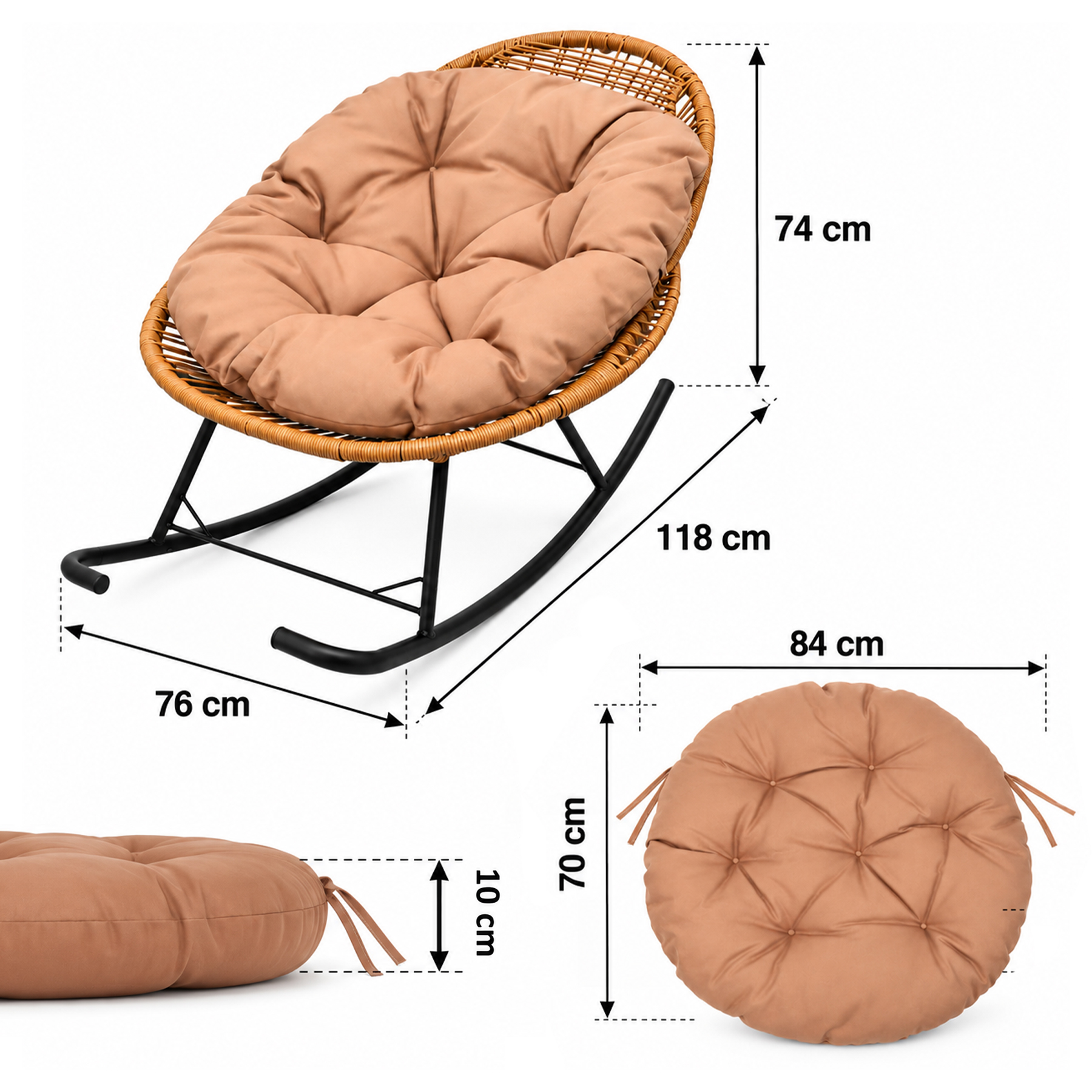 Rattanowy fotel bujany z poduszką o wymiarach 74x118x76 cm na białym tle.