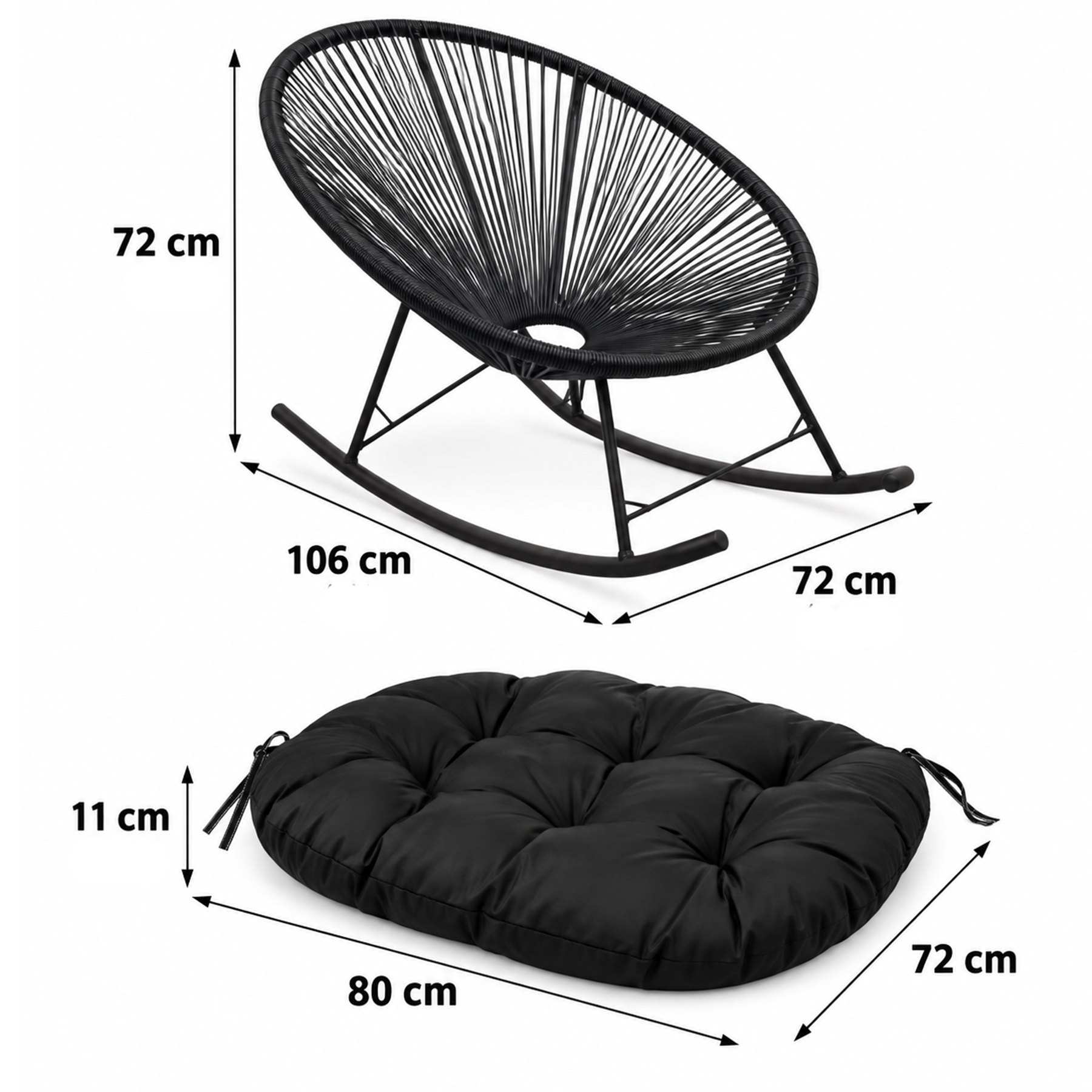Czarny fotel bujany z poduszką o wymiarach 106x72x72 cm i poduszką o wymiarach 80x72x11 cm.