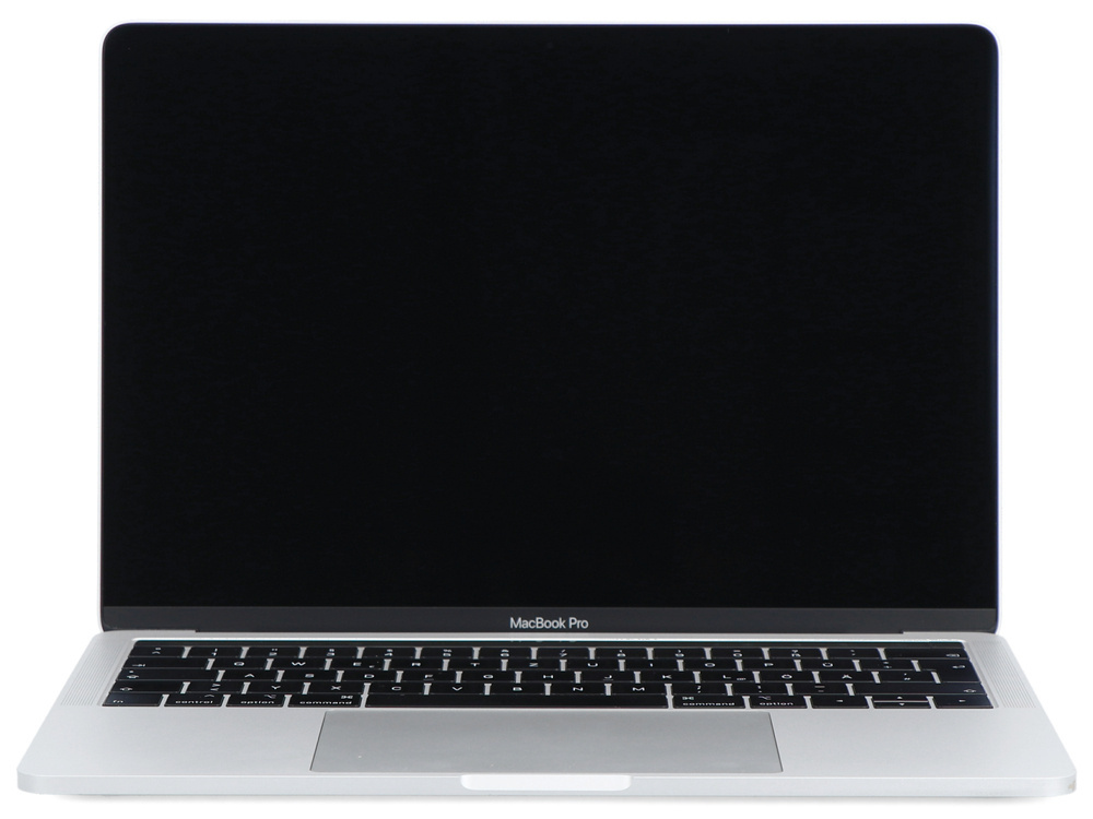 Srebrny laptop z czarnym ekranem i otwartą klawiaturą na białym tle.
