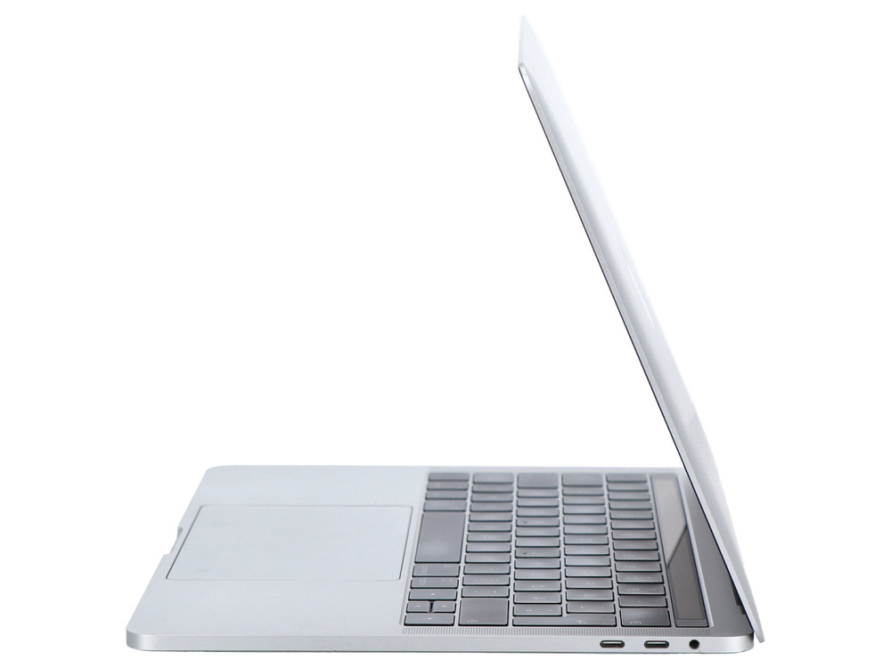 Widok z boku srebrnego laptopa z otwartym ekranem, klawiaturą i panelem dotykowym.