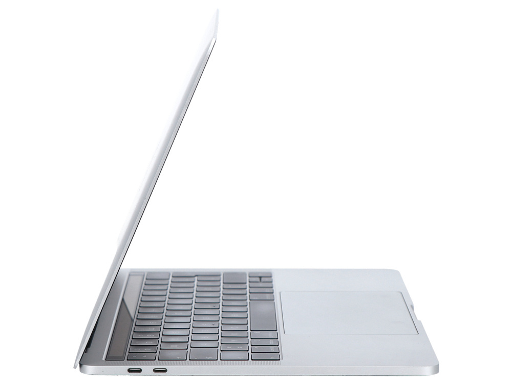 Widok z boku srebrnego laptopa z klawiaturą, gładzikiem i dwoma portami USB-C na białym tle.