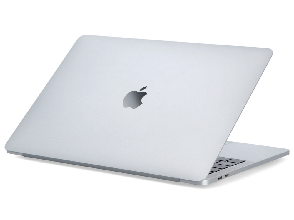 Srebrny laptop jest pokazany zamknięty z tyłu, z logo Apple na czystym białym tle.