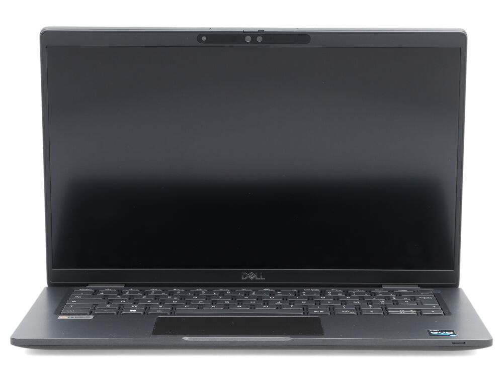 Szary laptop Dell jest otwarty, pokazując ciemny ekran i klawiaturę, na białym tle.