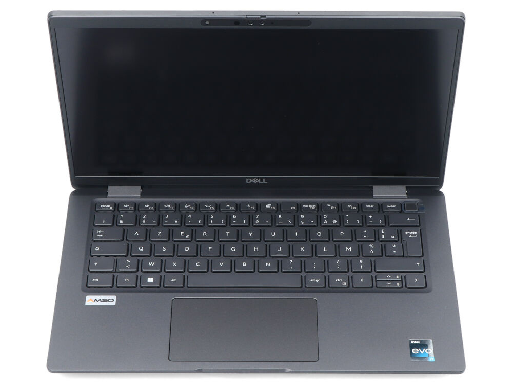 Otwarty, ciemnoszary laptop Dell z klawiaturą AZERTY na białej powierzchni.