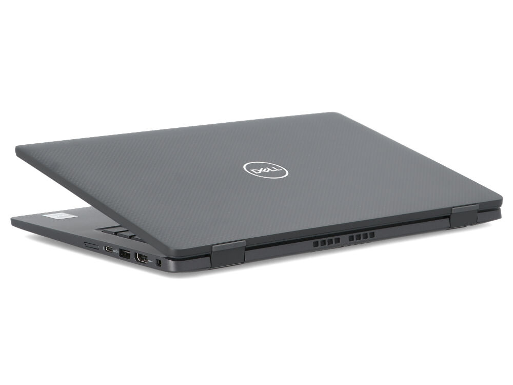 Zamknięty szary laptop Dell widziany z boku i z tyłu na białym tle.