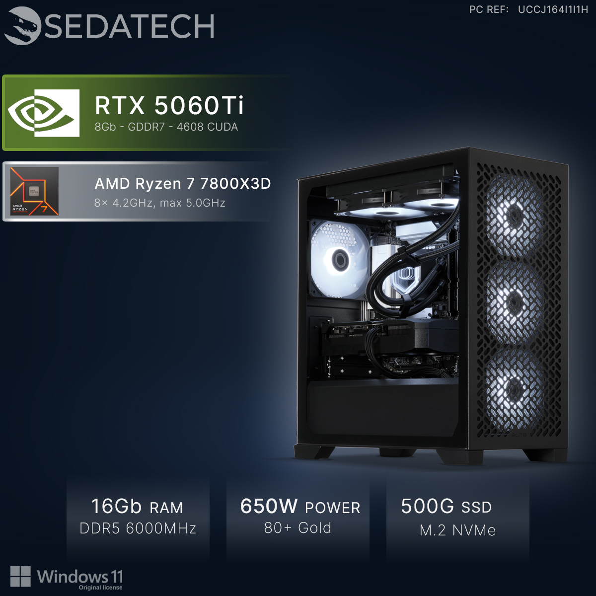 PC Sedatech con RTX 5060Ti, AMD Ryzen 7, 16GB RAM, carcasa iluminada y Windows 11.