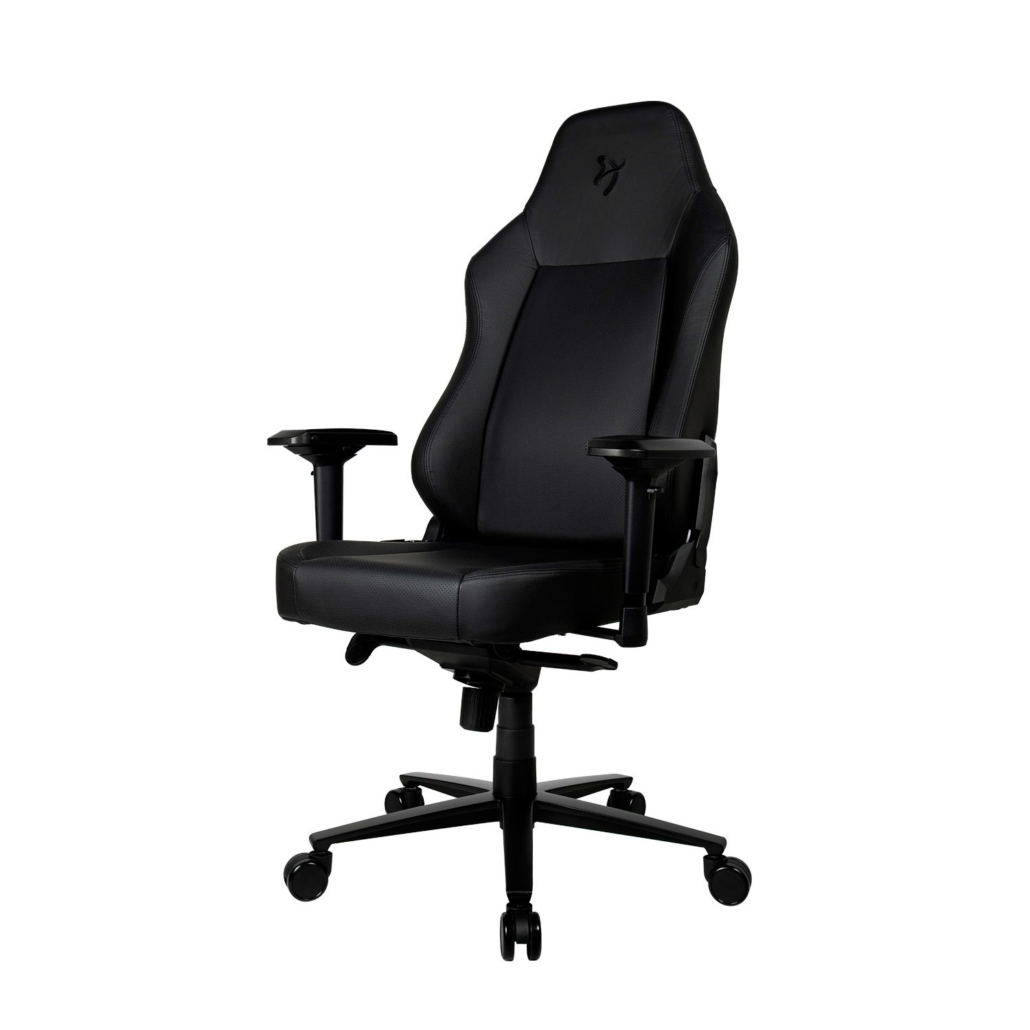 Una silla de juego ergonómica negra con reposabrazos ajustables, respaldo alto y base con ruedas.
