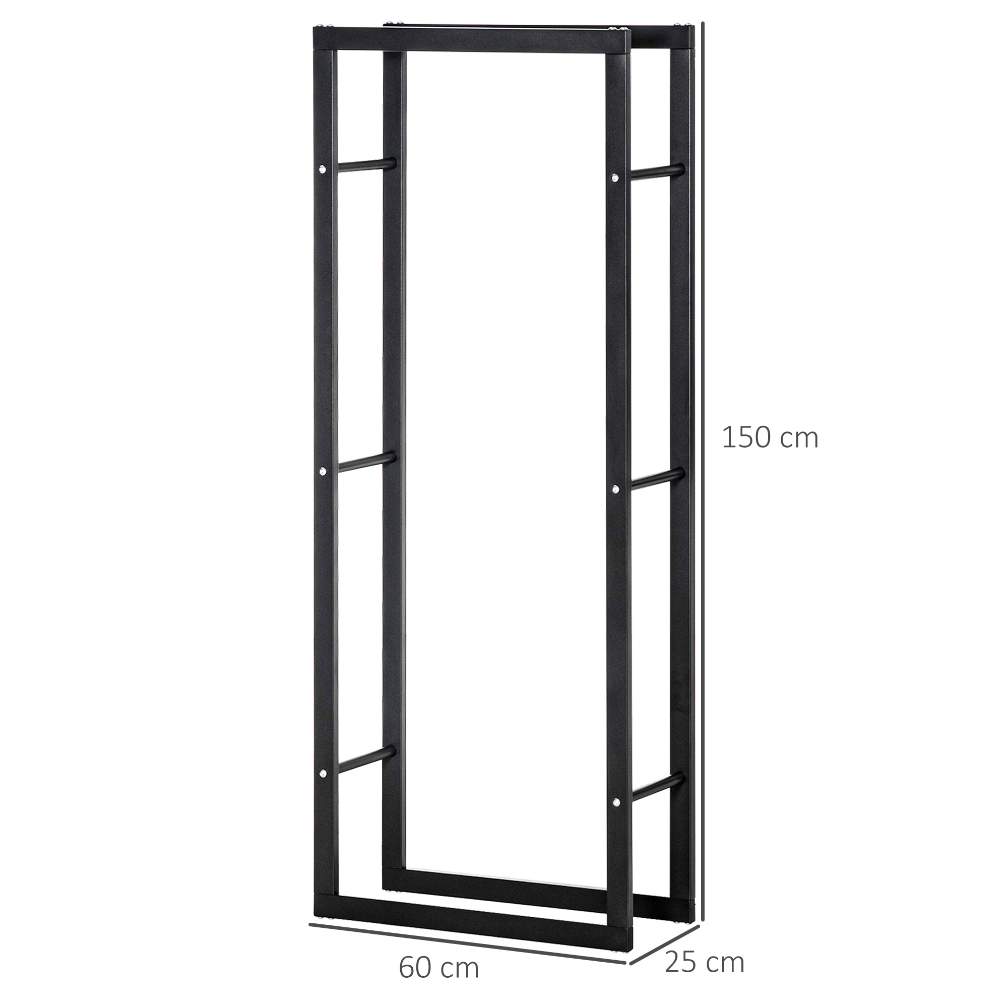 Soporte de metal negro para leña, de 150 cm de alto, 60 cm de ancho y 25 cm de fondo, con medidas.