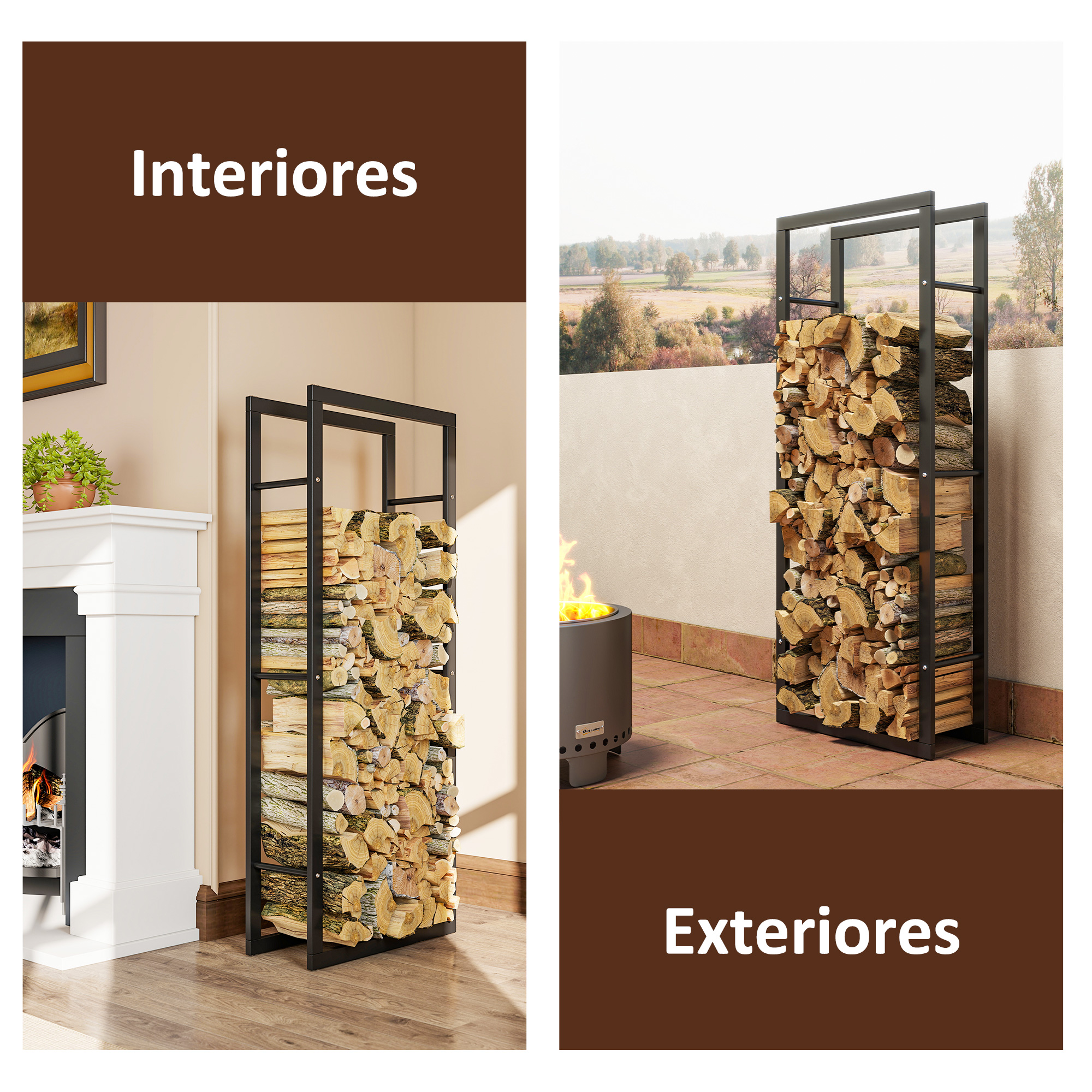 Leñero de metal negro con troncos apilados, interiores a la izquierda y exteriores a la derecha.