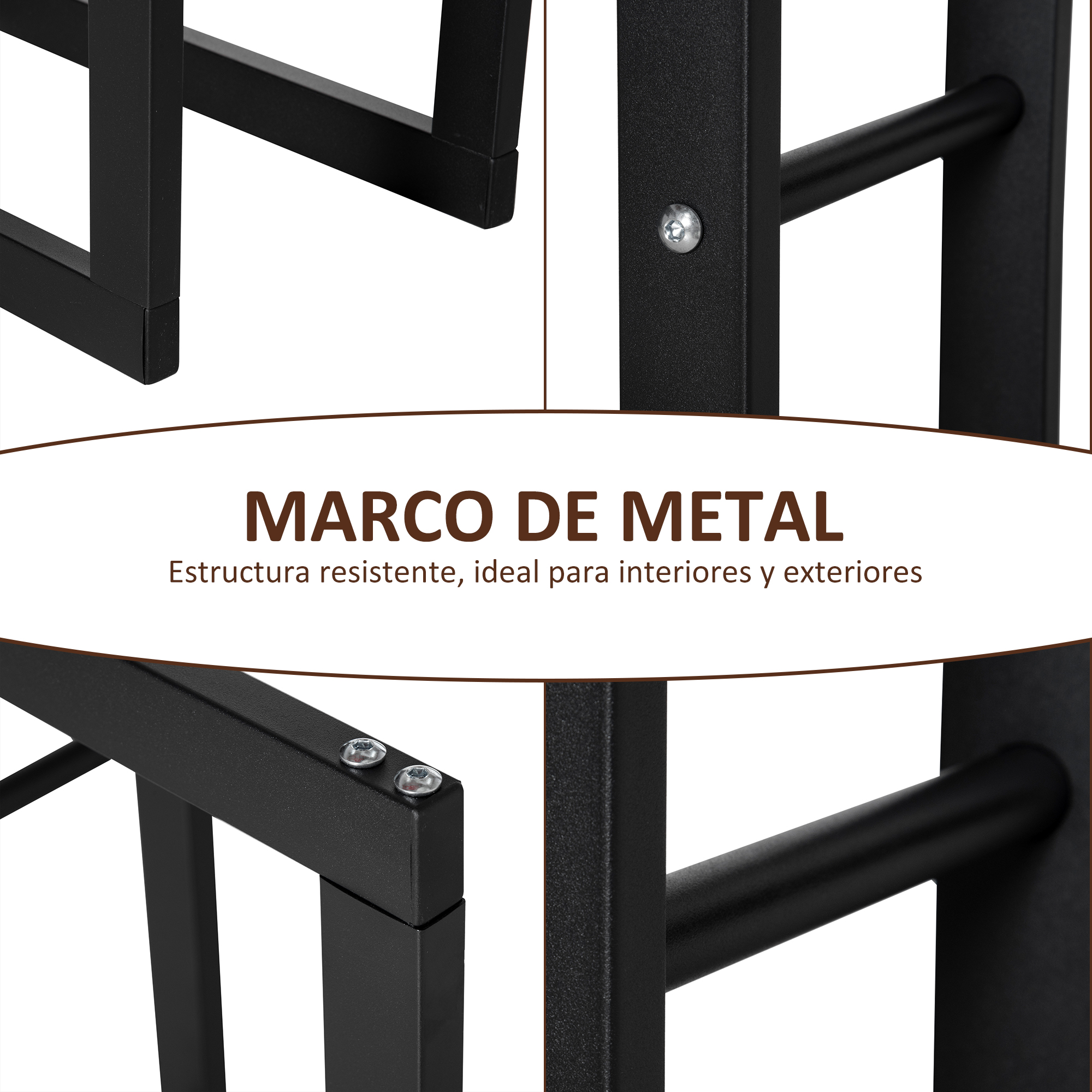 Cuatro paneles muestran detalles de un marco de metal negro con tornillos.