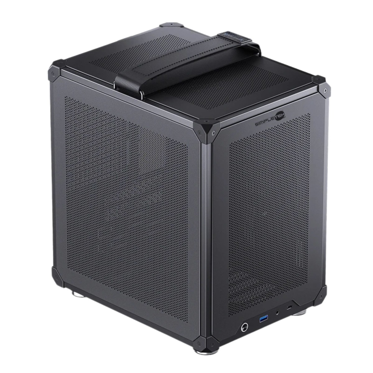 Case per PC nero a cubo con pannelli in rete metallica, maniglia superiore e porte frontali.