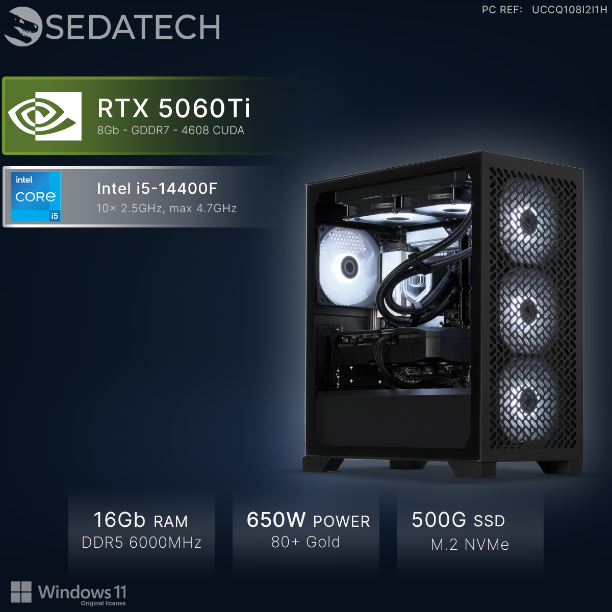 PC Sedatech con RTX 5060Ti, Intel i5, 16GB RAM e iluminación RGB blanca sobre fondo oscuro.