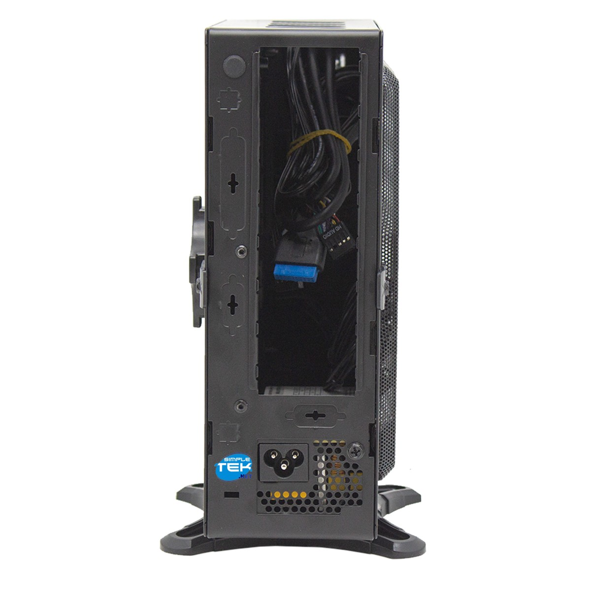 Case per computer nero con cavi interni e slot per alimentatore, in piedi su un supporto.