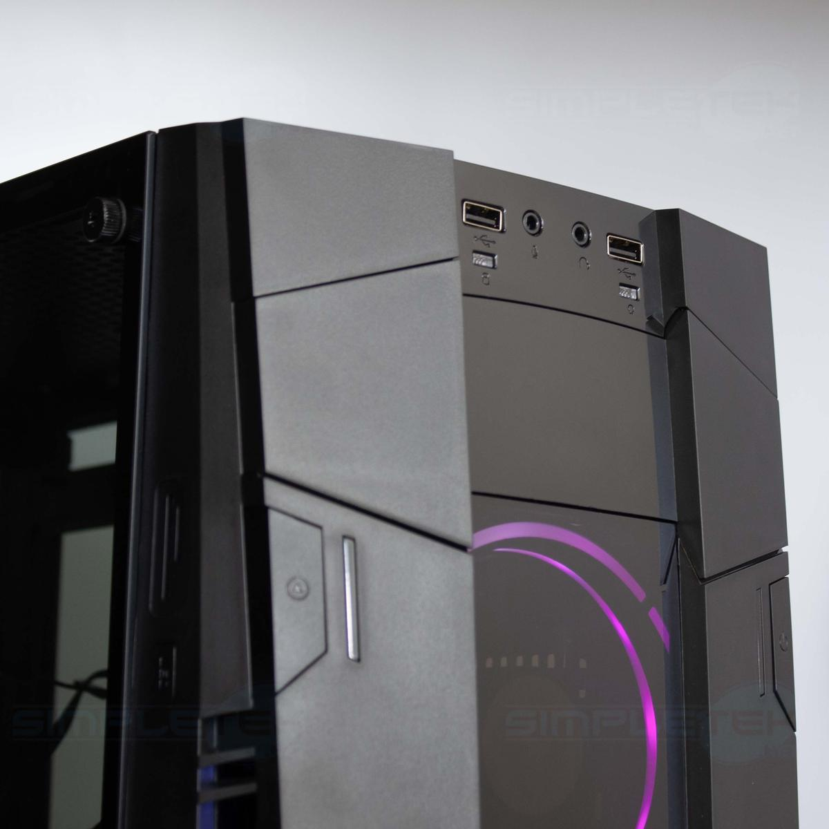 Case per PC nero con porte USB, jack audio e illuminazione viola sul pannello frontale.