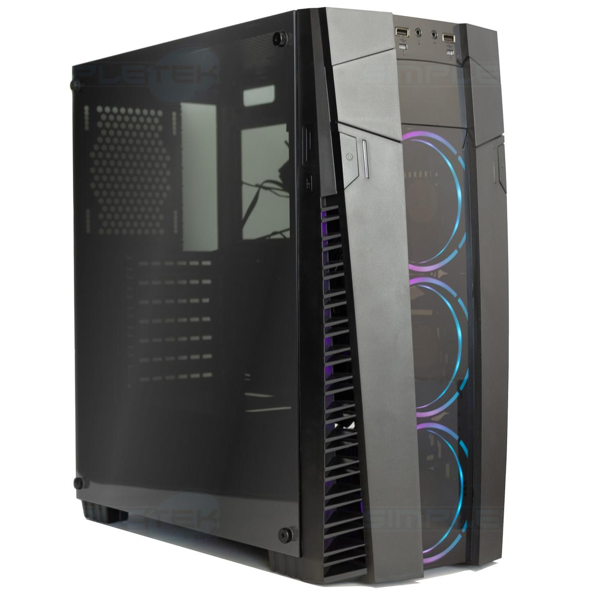 Case per PC nero con pannello laterale in vetro e ventole frontali illuminate di blu.