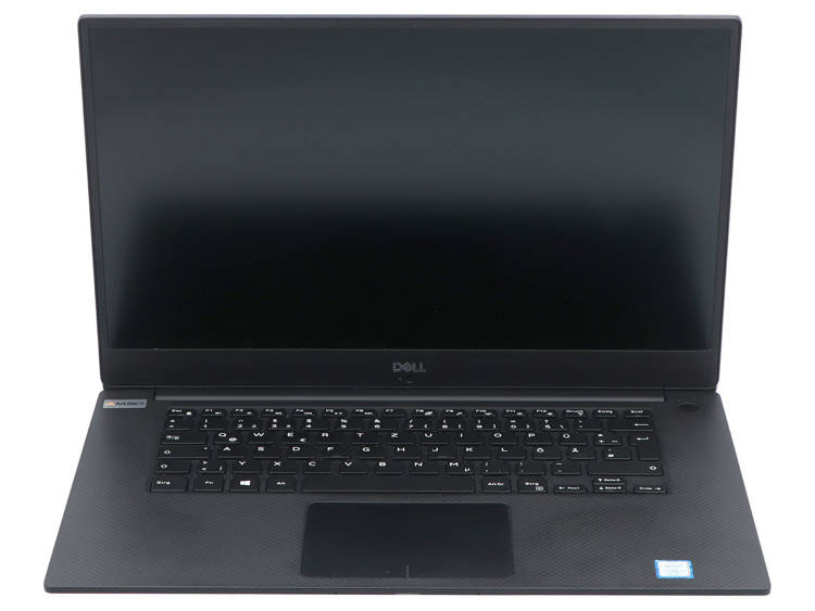 Otwarty czarny laptop Dell z klawiaturą QWERTZ na białym tle.
