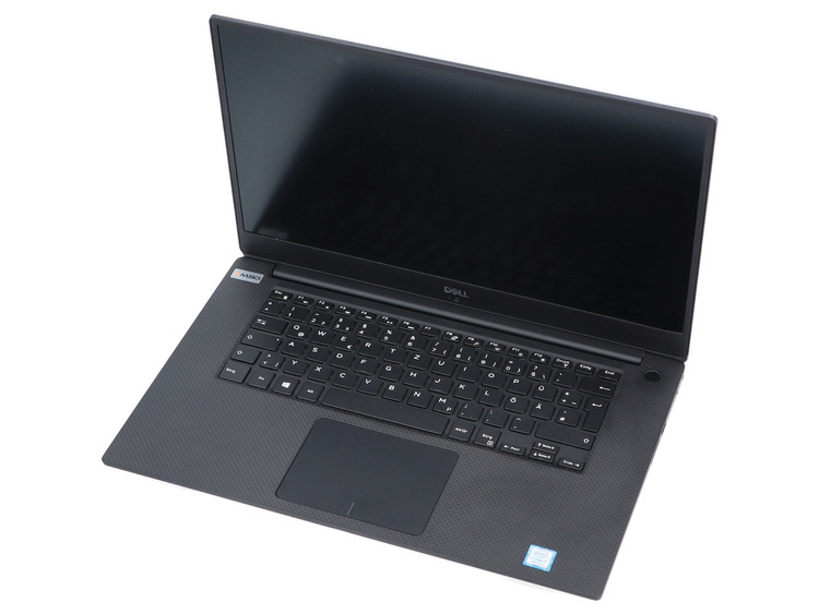 Otwarty czarny laptop Dell na białym tle, z klawiaturą i wyłączonym ekranem.