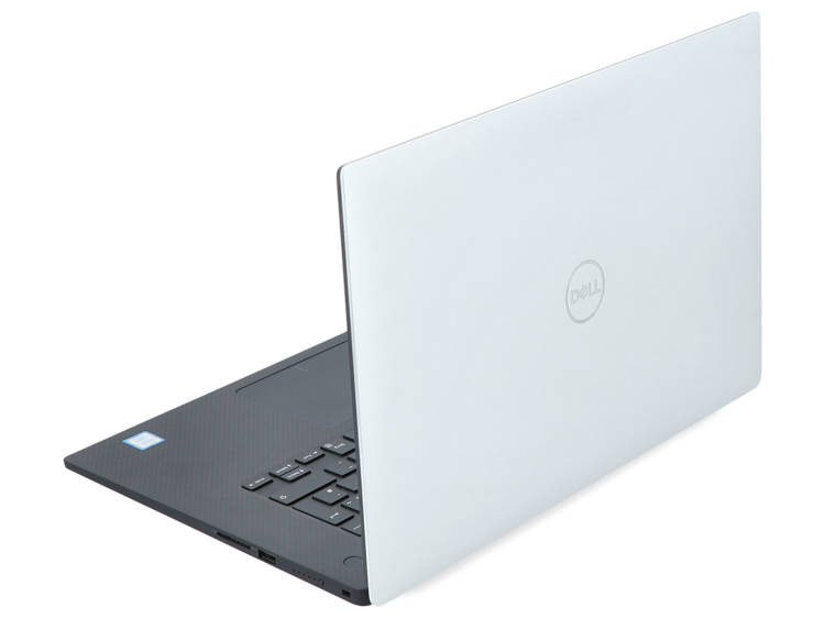 Srebrny laptop Dell w częściowo otwartym widoku z czarną klawiaturą na białym tle.