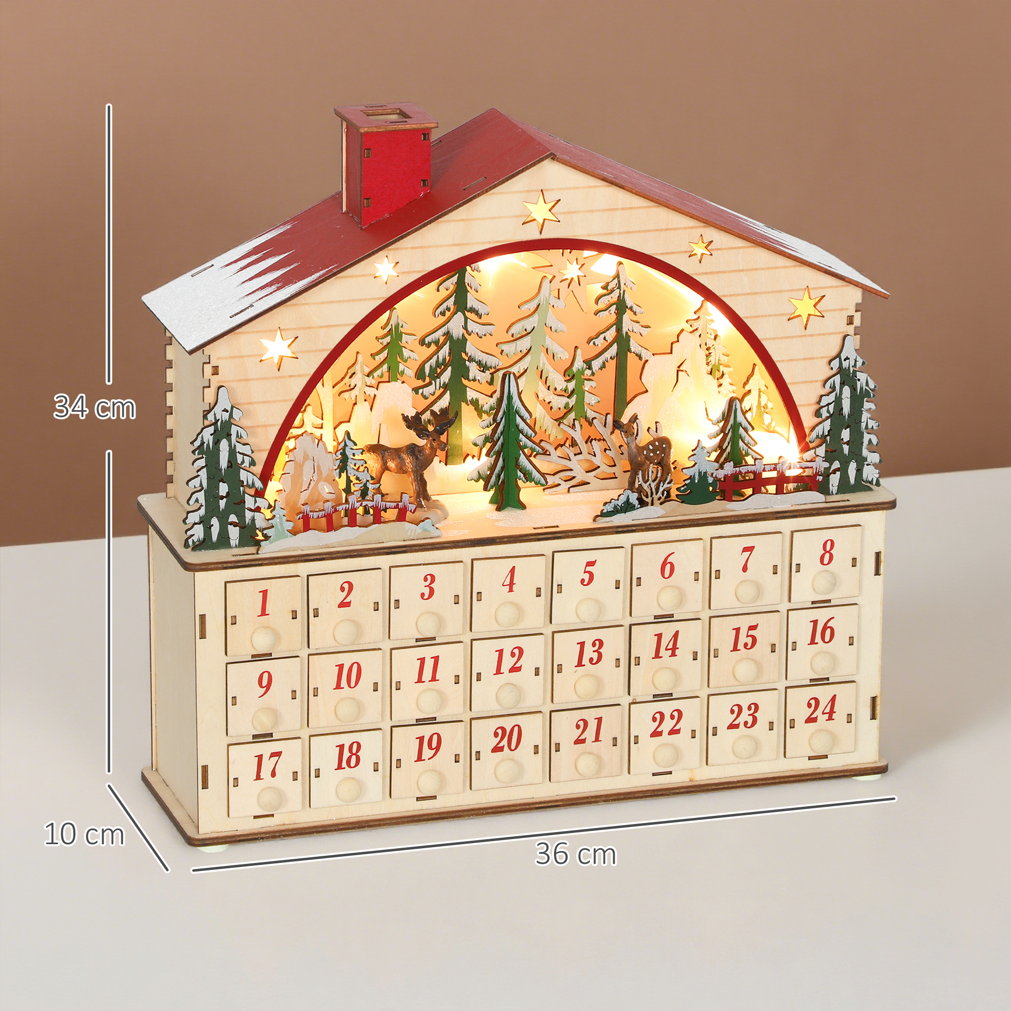 Calendario de adviento navideño de madera iluminado con 24 cajones numerados y una escena de bosque.